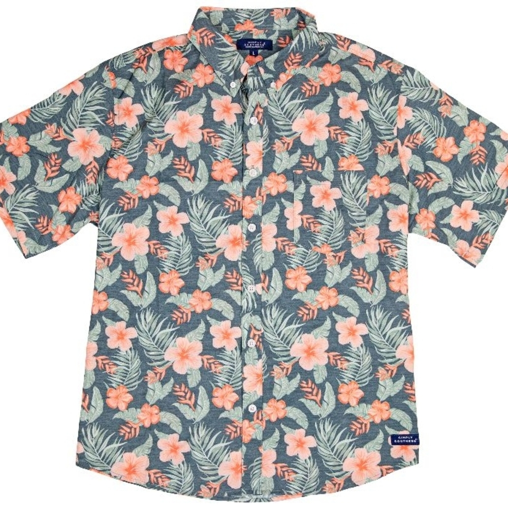 Simply Southern Coral and Green Floral Button Down Shirt